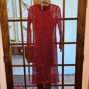 Donna Morgan Sparkling Red Long Sleeve Dress